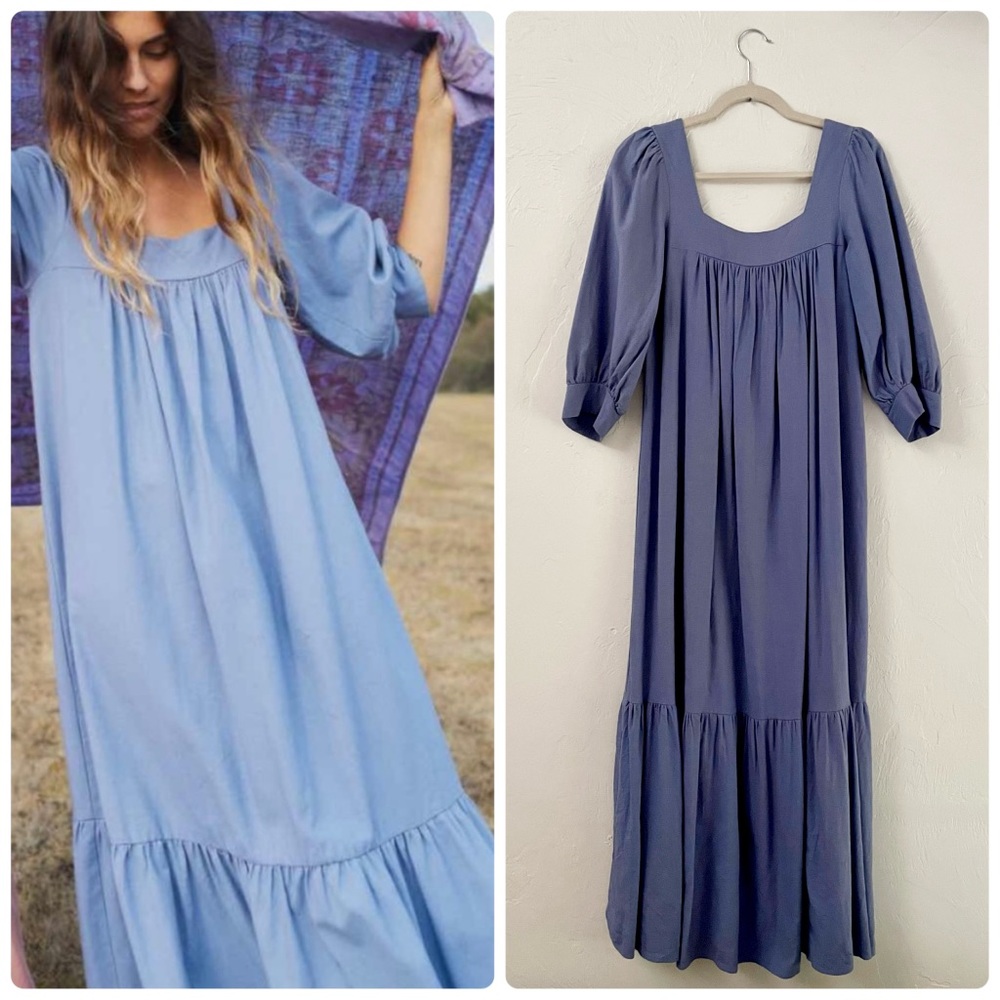 Christy Dawn Bianca Peasant Tiered Maxi Linen Dress in Cerulean Chambray Blue